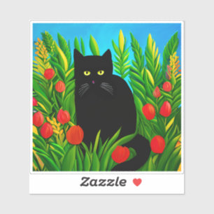 Kleine zwarte kat in een tulpentuin sticker
