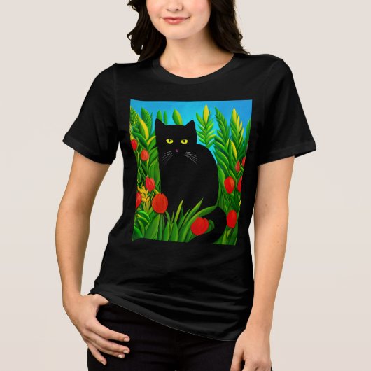 Kleine zwarte kat in een tulpentuin Tri-Blend shirt (Voorkant)