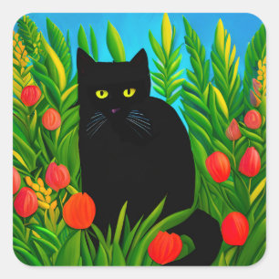 Kleine zwarte kat in een tulpentuin vierkante sticker