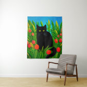 Kleine zwarte kat in een tulpentuin wandkleed (In situ)