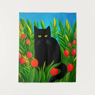 Kleine zwarte kat in een tulpentuin wandkleed