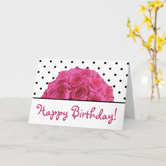Kleine Zwarte Polka Dots / Roze Rozen Verjaardag K Kaart (Gele Bloem)