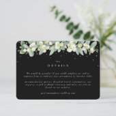 Kleine zwarte sneeuwbes + eucalyptus bruiloft deta informatiekaartje (Staand voorkant)