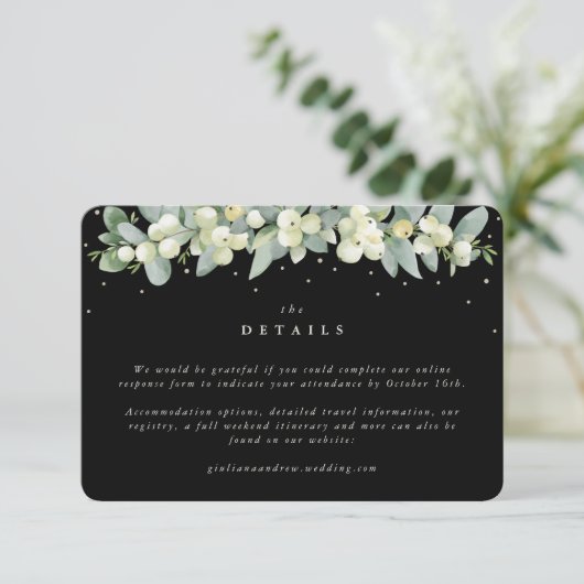 Kleine zwarte sneeuwbes + eucalyptus bruiloft deta informatiekaartje (Staand voorkant)