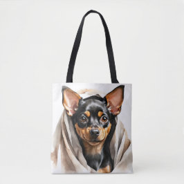 KLEINE ZWARTE & TAN MINIATUUR PINSCHER PUPPY HOND TOTE BAG