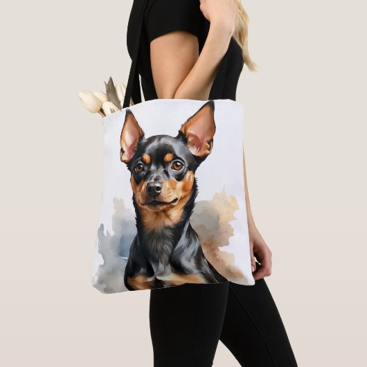KLEINE ZWARTE & TAN MINIATUUR PINSCHER PUPPY HOND TOTE BAG (Dichtbij)