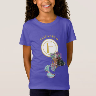Kleine zwarte zeemeermin  blauw goud monogram t-shirt