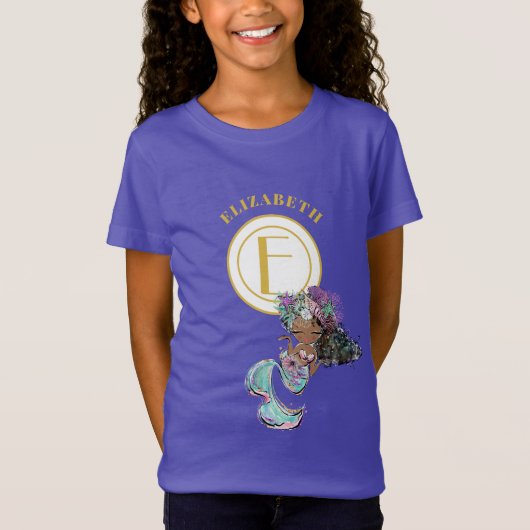 Kleine zwarte zeemeermin blauw goud monogram t-shirt (Voorkant)