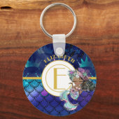 Kleine Zwarte Zeemeermin Blauwe Schubben Monogram  Sleutelhanger (Voorkant)