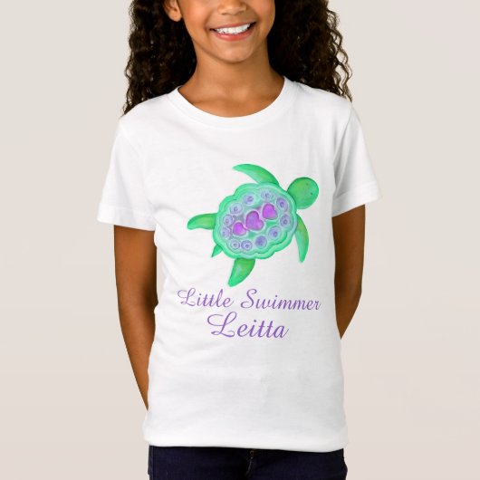 Kleine zwemmer meisjes paarse groene schildpad t-s t-shirt (Voorkant)