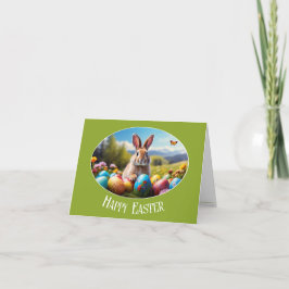 Kleiner Osterhase in Landschaft, oval - Grußkarte, Bedankkaart