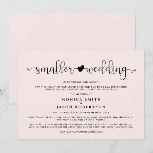 Kleinere bruiloft Plannen gewijzigd Hart Roze Aankondiging (Voorkant / Achterkant)
