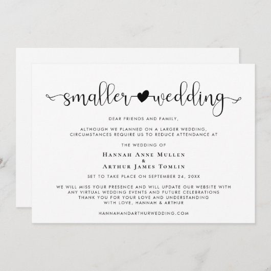 Kleinere bruiloft Verander van plannen Hart Aankondiging (Voorkant / Achterkant)