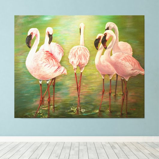 Kleinere flamingo's schilderkunst canvas afdruk (Insitu (Houten vloer))