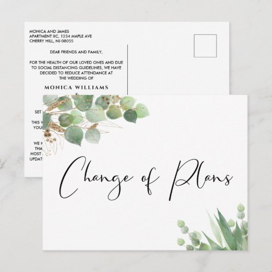 Kleinere Huwelijksplannen Gewijzigd Eucalyptus Aankondigingskaart (Voorkant / Achterkant)