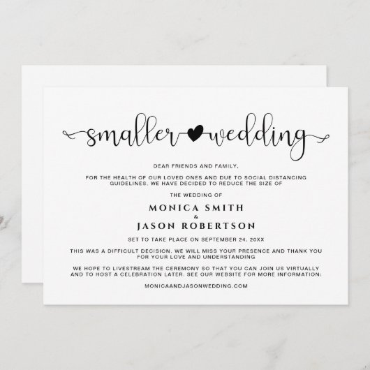 Kleinere Huwelijksplannen Gewijzigd Hart Aankondiging (Voorkant / Achterkant)