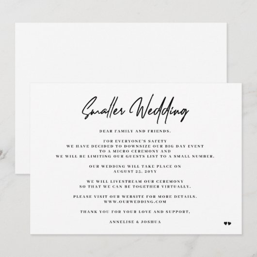 Kleinere trouwelegante minimale neermaatceremonie aankondiging (Voorkant / Achterkant)