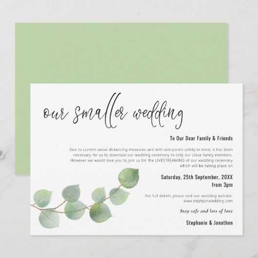 Kleinere Trouwfeest Downsizen Script Elegante Euca Aankondiging (Voorkant / Achterkant)