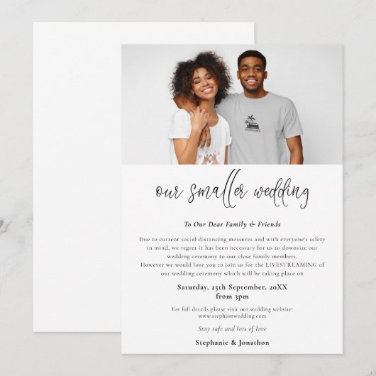 Kleinere Trouwfeest Verkleining Foto Script Modern Aankondiging (Voorkant / Achterkant)