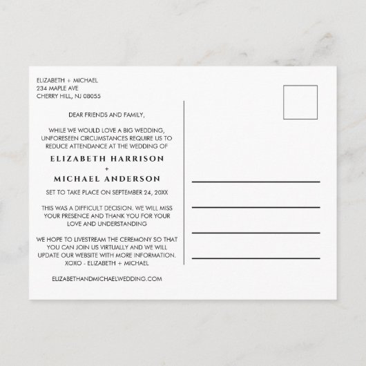 Kleinere, verkleinde trouwfoto minimaal aankondigingskaart (Achterkant)