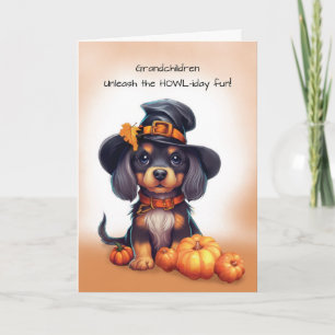 Kleinkinderen Halloween Schattige Zwart Hond Drage Kaart