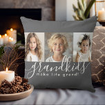 Kleinkinderen maken het leven Grand 3 Photo Collag Kussen<br><div class="desc">Een doordacht geschenk voor grootouders, dit gepersonaliseerde kussenontwerp is voorzien van een sjabloon met 3 foto's om te personaliseren met foto's van de kleinkinderen. Een combinatie van een modern handgeschreven script gecombineerd met een modern schreefloos lettertype spellen uit "Grandkids make life grand!" De achtergrond is een neutraal trendy grijs dat...</div>
