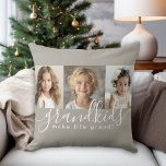Kleinkinderen maken het leven Grand 3 Photo Collag Kussen<br><div class="desc">Een doordacht geschenk voor grootouders, dit gepersonaliseerde kussenontwerp is voorzien van een sjabloon met 3 foto's om te personaliseren met foto's van de kleinkinderen. Een combinatie van een modern handgeschreven script gecombineerd met een modern schreefloos lettertype spellen uit "Grandkids make life grand!" De achtergrond is een neutrale taupe beige die...</div>