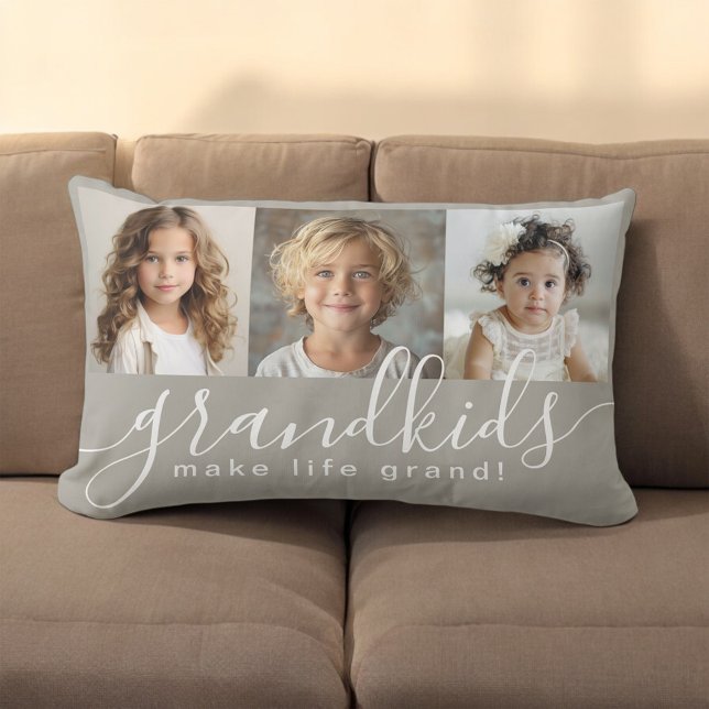 Kleinkinderen maken het leven Grand 3 Photo Collag Kussen (A great gift idea for Grandparents. Personalize with 3 photos.)