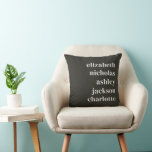 Kleinkinderen Namen Zwart Modern Trendy Gift Kussen<br><div class="desc">Verfris elke ruimte met dit prachtige zwarte Sierkussen, met moderne, gedurfde typografie die trots de namen van gekoesterde kleinkinderen toont. Dit trendy ontwerp combineert een eigentijdse stijl met een oprechte gevoel, waardoor het een perfect cadeau is voor grootouders. Of het nu op een bank, bed of favoriete stoel wordt weergegeven,...</div>