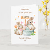 Kleinkinderen Tweeling Paashaas Konijn Kaart (Gele Bloem)