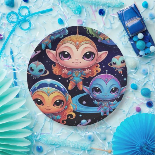 Kleinkleurige aliens in de ruimte papieren bordje (Feest)