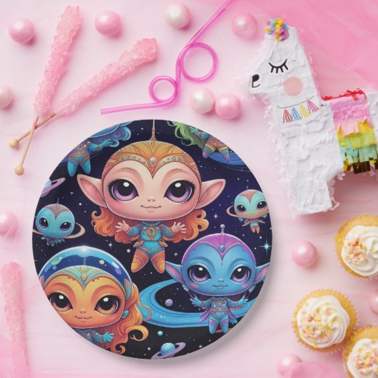 Kleinkleurige aliens in de ruimte papieren bordje (Feest)