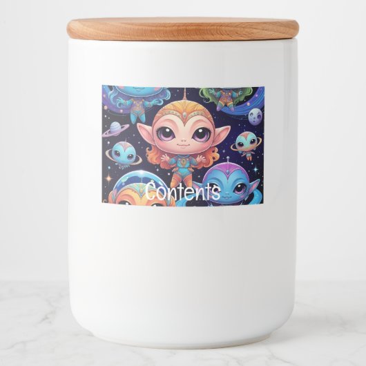 Kleinkleurige aliens in de ruimte voedselcontainer etiket (Voorkant)