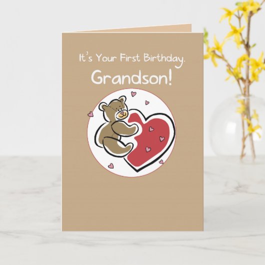 Kleinzoon 1e Verjaardag Beer Kaart (Gele Bloem)