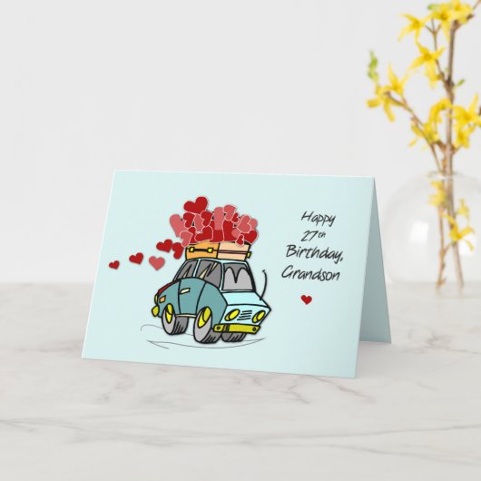 Kleinzoon 27e Verjaardag Auto lading van harten Kaart (Gele Bloem)