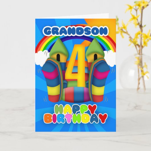 Kleinzoon 4e verjaardag Kaart met Bouncy Castle en (Gele Bloem)