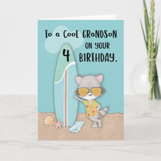 Kleinzoon 4e Verjaardag Strand Funny Cool Raccoon Kaart (Voorkant)