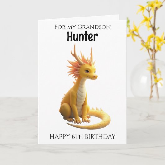 Kleinzoon 6 jaar oude draak verjaardag kaart (Gele Bloem)