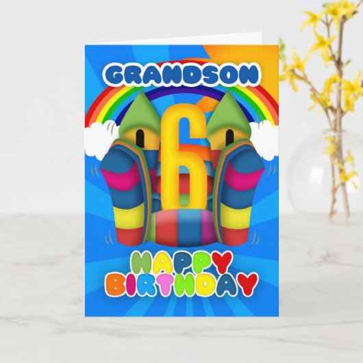 Kleinzoon 6e Verjaardag Kaart met Bouncy Castle (Gele Bloem)