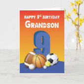 Kleinzoon 9e verjaardag sport ballen kaart (Gele Bloem)