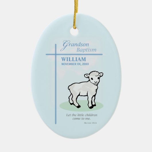 Kleinzoon Doop Blauw Lam Gepersonaliseerd Keramisch Ornament (Voorkant)