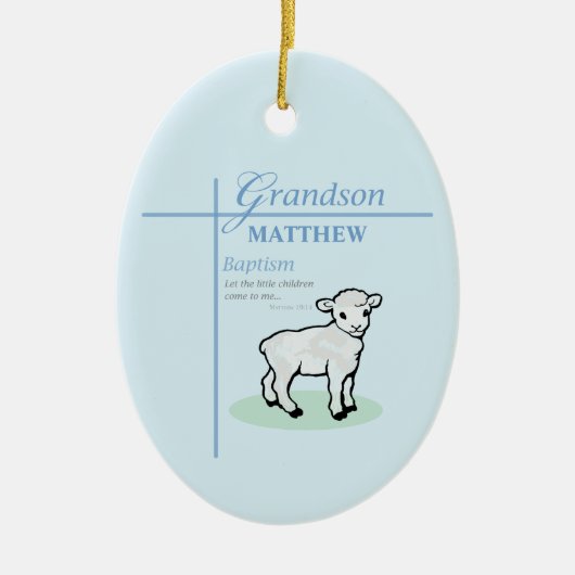 Kleinzoon Doop Blauwe Jongen Lam Gepersonaliseerd Keramisch Ornament (Voorkant)