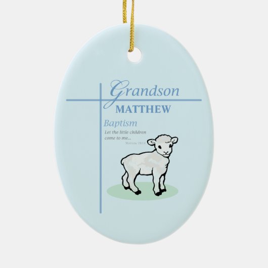 Kleinzoon Doop Blauwe Jongen Lam Gepersonaliseerd Keramisch Ornament (Achterkant)
