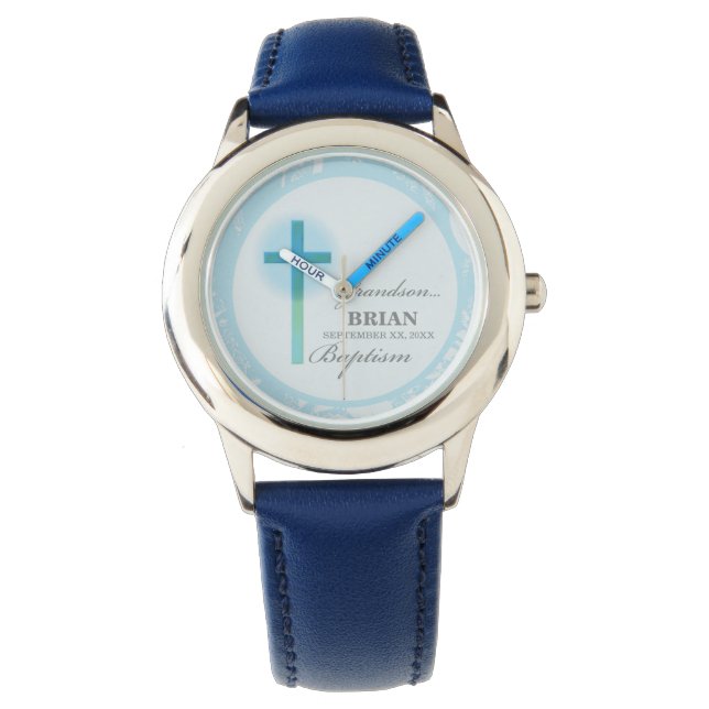 Kleinzoon doop Blauwe kant gepersonaliseerd Horloge (Voorkant)