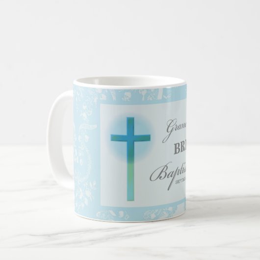 Kleinzoon doop Blauwe kant gepersonaliseerd Koffiemok (Voorkant links)