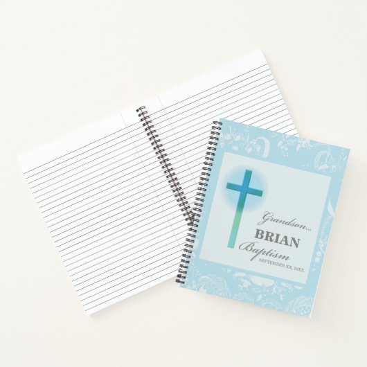 Kleinzoon doop Blauwe kant gepersonaliseerd Notitieboek (Binnen)