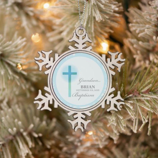 Kleinzoon doop Blauwe kant gepersonaliseerd Tin Sneeuwvlok Ornament (Boom)