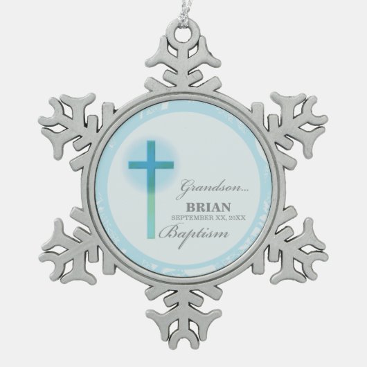 Kleinzoon doop Blauwe kant gepersonaliseerd Tin Sneeuwvlok Ornament (Voorkant)