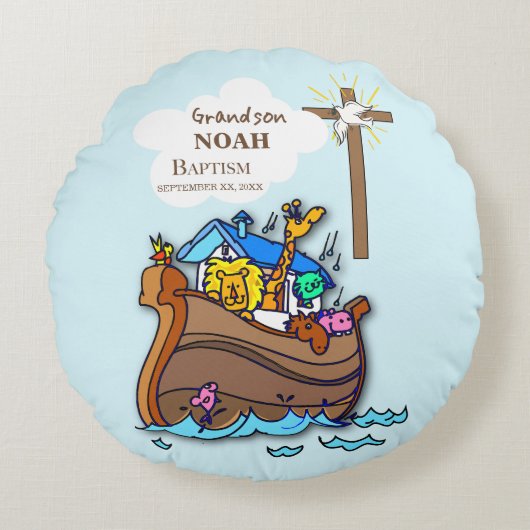 Kleinzoon Doop Noach's Ark Gepersonaliseerd Rond Kussen (Voorkant)