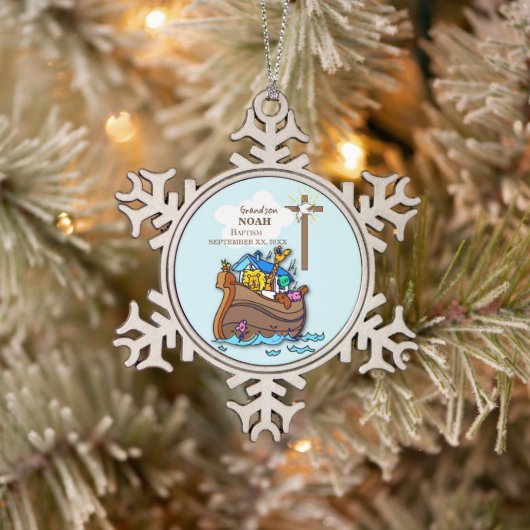 Kleinzoon Doop Noah's Ark Gepersonaliseerd Tin Sneeuwvlok Ornament (Boom)